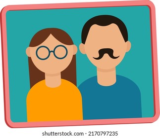 Woman and man on frame. face portrait couple. Flat vector illustration pair isolated on white background. Woman with glasses. man with mustache
