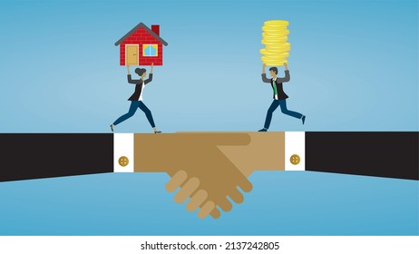Woman and man on handshake. Carrying house and money. Dimension 16:9. Vector illustration.