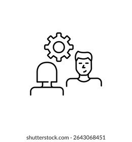 Woman and man on interview or conversation and cogwheel. Collaborative settings, communication management, interview configuration, dialogue optimization, user interaction control. Pixel perfect, edit