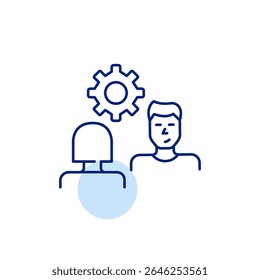 Woman and man on interview or conversation and cogwheel. Collaborative settings, communication management, interview configuration, dialogue optimization, user interaction control. Pixel perfect, edit