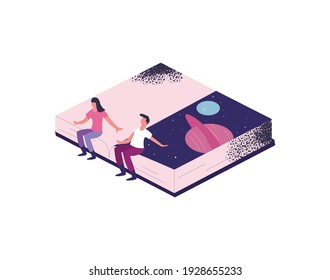 woman and man on isometric space book design, Education literature and read theme Vector illustration