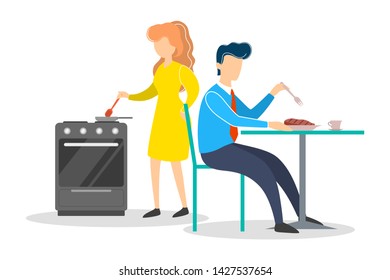 Woman and man on the kitchen. Female character cooking dinner on the stove, man having lunch. Wife and husband at home. Preparing meal. Isolated flat vector illustration