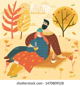 Woman and man on a picnic in fall and lettering autumn. Happy cute couple on autumn background with leaves and trees. Illustration is for your card, poster, flyer.