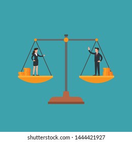 Woman And Man On Scales, Male And Female Manager Have Equal Weight And Money. Concept Of Gender Equality, No Wage Gap, Fairness, Woman's And Man's Rights At Work, Feminism And Masculism. Flat Vector.