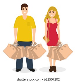 Woman and man on a shopping trip with purchases