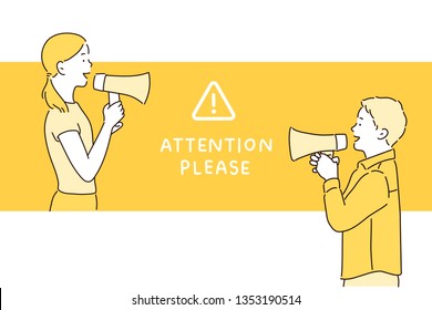 Woman and man on vibrant yellow background shouting through a megaphone to announce something in lateral position. Hand drawn style vector design illustrations.