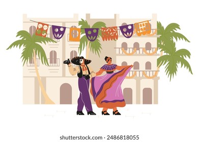 Woman and man with painted sugar skull face mask dancing on the street decorated with paper cut flags vector flat illustration. Dia de los muertos Mexican holiday. Day of the dead festival celebration