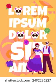 Woman and man with painted sugar skull face mask dancing vector flat invitation poster. Dia de los muertos Mexican holiday. Day of the dead festival celebration banner