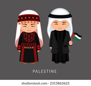 Mujer y hombre con traje nacional palestino. Pareja palestina, personajes de caricatura con ropa étnica tradicional. Ilustración vectorial plana.