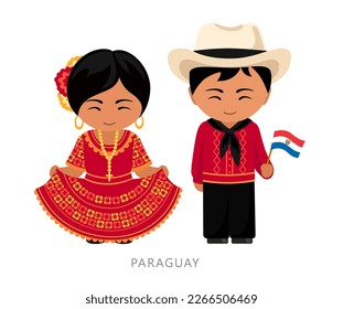 Woman and man in Paraguay national costume. Paraguayans couple, cartoon characters in traditional ethnic clothes. Flat vector illustration.