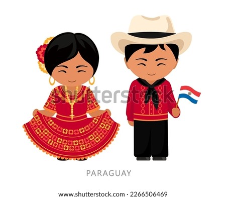 Woman and man in Paraguay national costume. Paraguayans couple, cartoon characters in traditional ethnic clothes. Flat vector illustration.