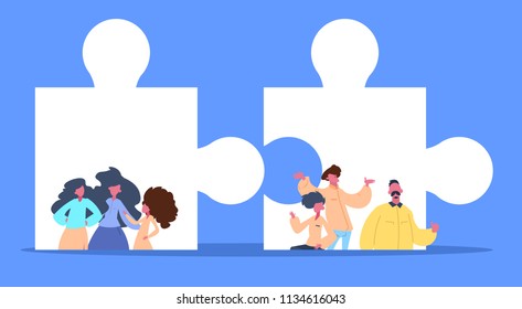 woman man parts jigsaw solve puzzle solution concept male female portrait horizontal flat vector illustration