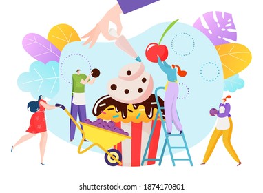 Woman man people cook flat cupcake dessert concept, vector illustration. Flat happy tiny girl guy character make sweet food at kitchen background. Bakery product with cream design.