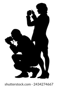 Woman and man with a photo camera on white background