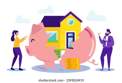 Woman and Man with Piggy Bank. Buying House on Credit. Vector Illustration. Credit Project. Money from Piggy Bank. Home Sales. New House Installments. Happy People Buy House. Parsing Piggy Bank.