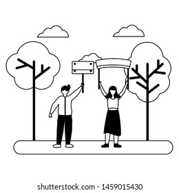 woman and man placard birthday celebration outdoor vector illustration