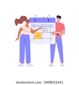 Woman and man planning daily business schedule. Planning calendar, time management, task list. Group calendar sharing for family and work. Couple organizing event. Vector flat design for web banner