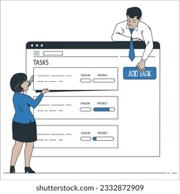 Woman and man planning day, scheduling tasks in calendar application or website. Business woman, man adding, checking, events, meetings reminders in planning app. Flat cartoon vector illustration.1994