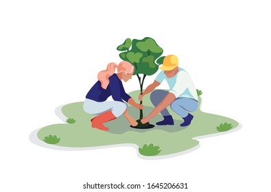 Woman and a man planting a tree, people gardening, spring work, greening the world, protecting trees, giving life to trees, World Green Day, protecting nature, gardening, Vector illustration, Isolated