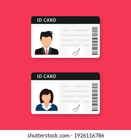 Woman and man plastic ID cards, car driver licences with male and female photo on red background. ID card, identification card, drivers license, identity verification, person data. Vector illustration