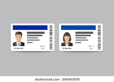 Woman and man plastic ID cards, with male and female photo isolated on blue background. Flat style colorful vector illustration icon.