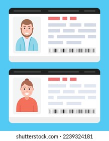 Woman and man plastic ID cards. Car driver licences with male and female photo. Vector.