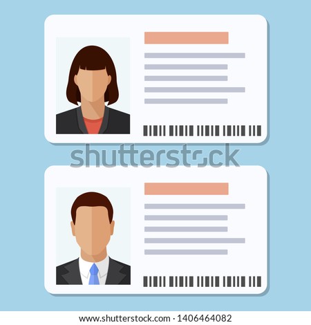 Woman and man plastic ID cards, car driver licences with male and female photo isolated on blue background. Flat style colorful vector illustration icon.