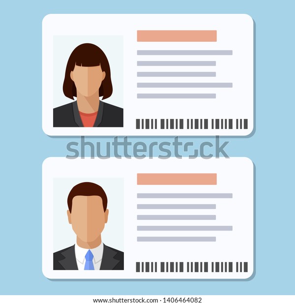 Woman and man plastic ID cards, car\
driver licences with male and female photo isolated on blue\
background. Flat style colorful vector illustration\
icon.