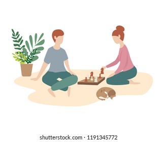 woman and man play chess together. family game, weekend, home atmosphere. Flat illustration