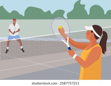 A woman and a man play tennis. Tennis competition. Vector illustration.