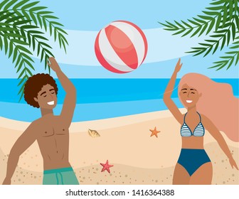 woman and man playing with beach ball and in the sand