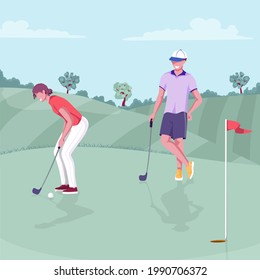 Woman and man playing golf. Golfers with clubs hitting the ball to hole with flag, standing and watching. Couple spending time on golf course. Colorful vector illustration. Cartoon style