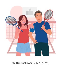 woman man playing tennis at court healthy lifestyle in flat illustration