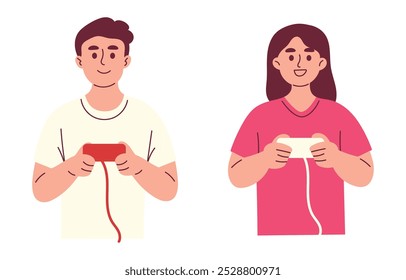 Mulher e homem jogando vídeo game com joystick