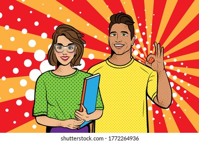 Woman with a man in pop art style. Vector background in comic style retro pop art. Illustration for print advertising and web. 