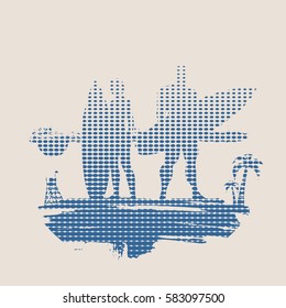 Woman and man posing with surfboard on grunge brush stroke. Monochrome silhouette. Vintage Surfing Graphic and Emblem. Palm and lifeguard tower on backdrop. Halftones background. Overlay Dots Texture.