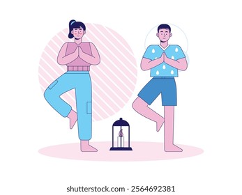 Woman and man practicing yoga indoors, calming the mind. Character design. Vector flat illustration