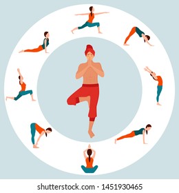 Woman and man practicing yoga vector, isolated people standing in poses. Asana balance and harmony, zen and aerobics gymnastics female and male flat style