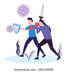 woman and man protecting themselves from covid with a shield and sword over white background, colorful design, vector illustration
