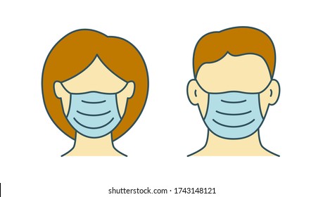 Woman and man in protective masks icon