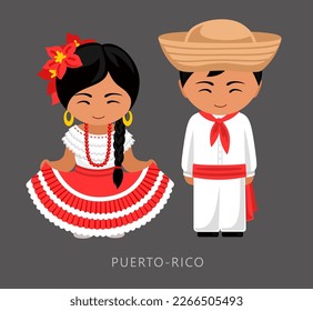 Woman and man in Puerto-Rico national costume. Puerto Ricans couple, cartoon characters in traditional ethnic clothes. Flat vector illustration.