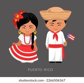 Mujer y hombre con traje nacional de Puerto Rico. Pareja puertorriqueña, personajes de caricatura con ropa étnica tradicional. Ilustración vectorial plana.