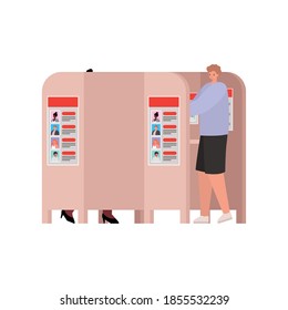 Woman And Man With Purple Shirt In Voting Booth On White Background Vector Illustration Design