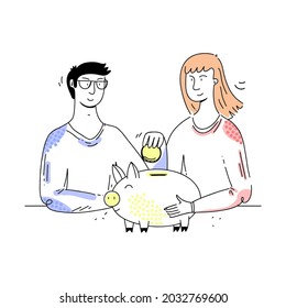 Woman and man put money in a piggybank for future purchases. Young couple save money.
