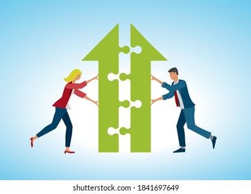 Woman and man put puzzle arrow togheter. Vector illustration. EPS10.