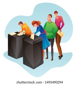 Woman and man putting ballot in voting box illustration. Cartoon characters throwing paper with vote. Presidential, city mayor, government elections flat drawing. Citizen choosing president candidate