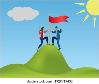 Woman and man reach top of hill and put down flag to indicate success. They are making victory sign with their hands. Vector illustration.