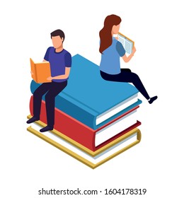 woman and man reading a books sitting on big books over white background, vector illustration