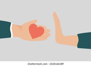 Woman or man rejects a love confession and pushes a red heart containing affection and admiration. Concept of unsolicited love declaration, relationships breakup, friend zone and broken heart.