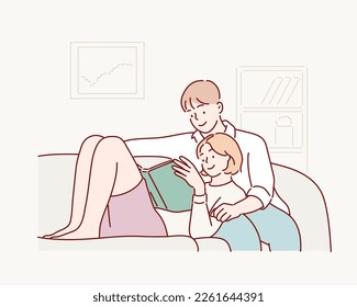 woman and man relaxing on couch at home in living room. Hand drawn style vector design illustrations.